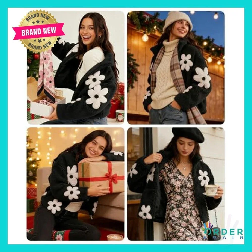 Floral Print Sherpa Fleece Cropped Jacket Oversized Y2K Chic Winter Casual